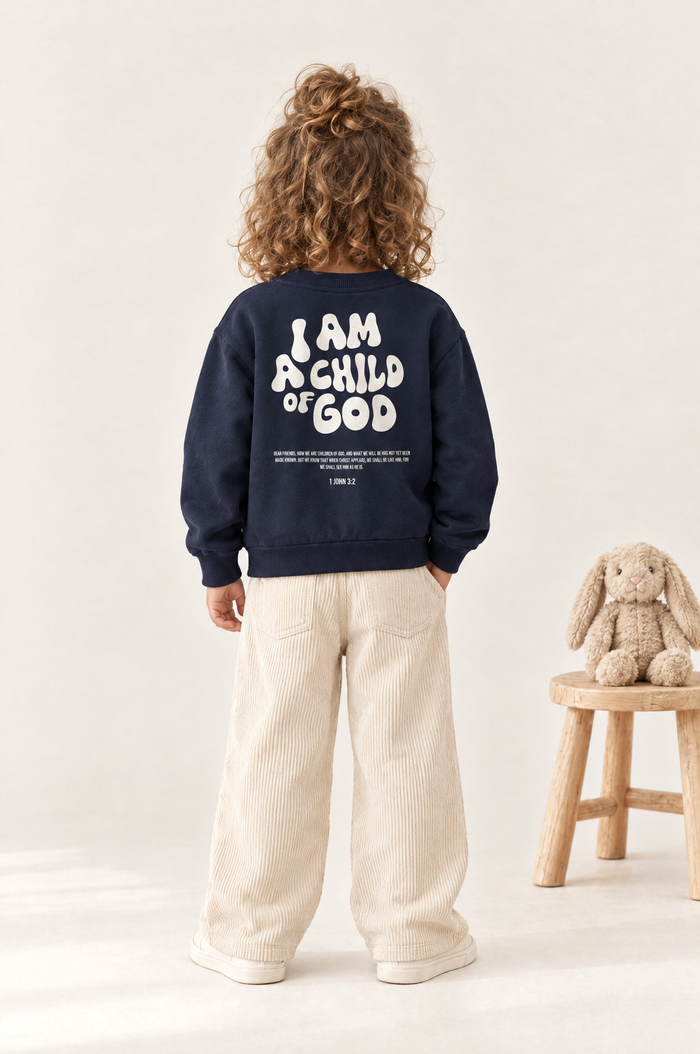 Kind von hinten im Kinder-Sweater Child of God in Navy