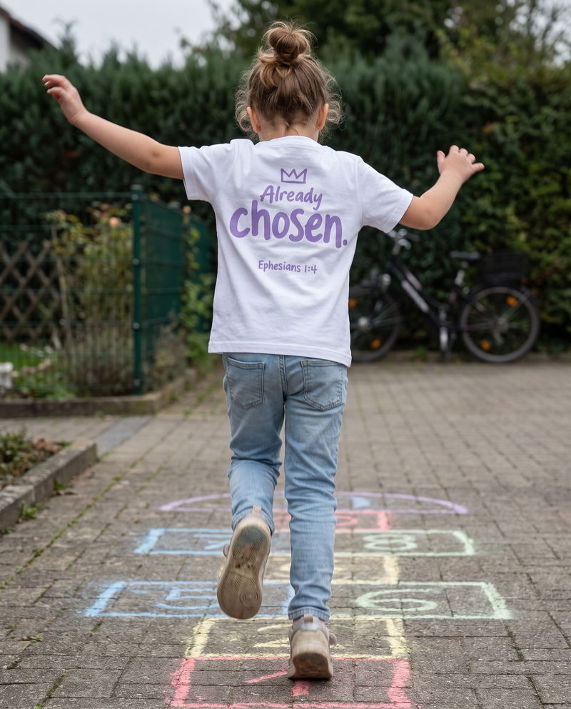 Mädchen hüpft Himmel und Hölle, weißes T-Shirt mit Rückenprint Already chosen