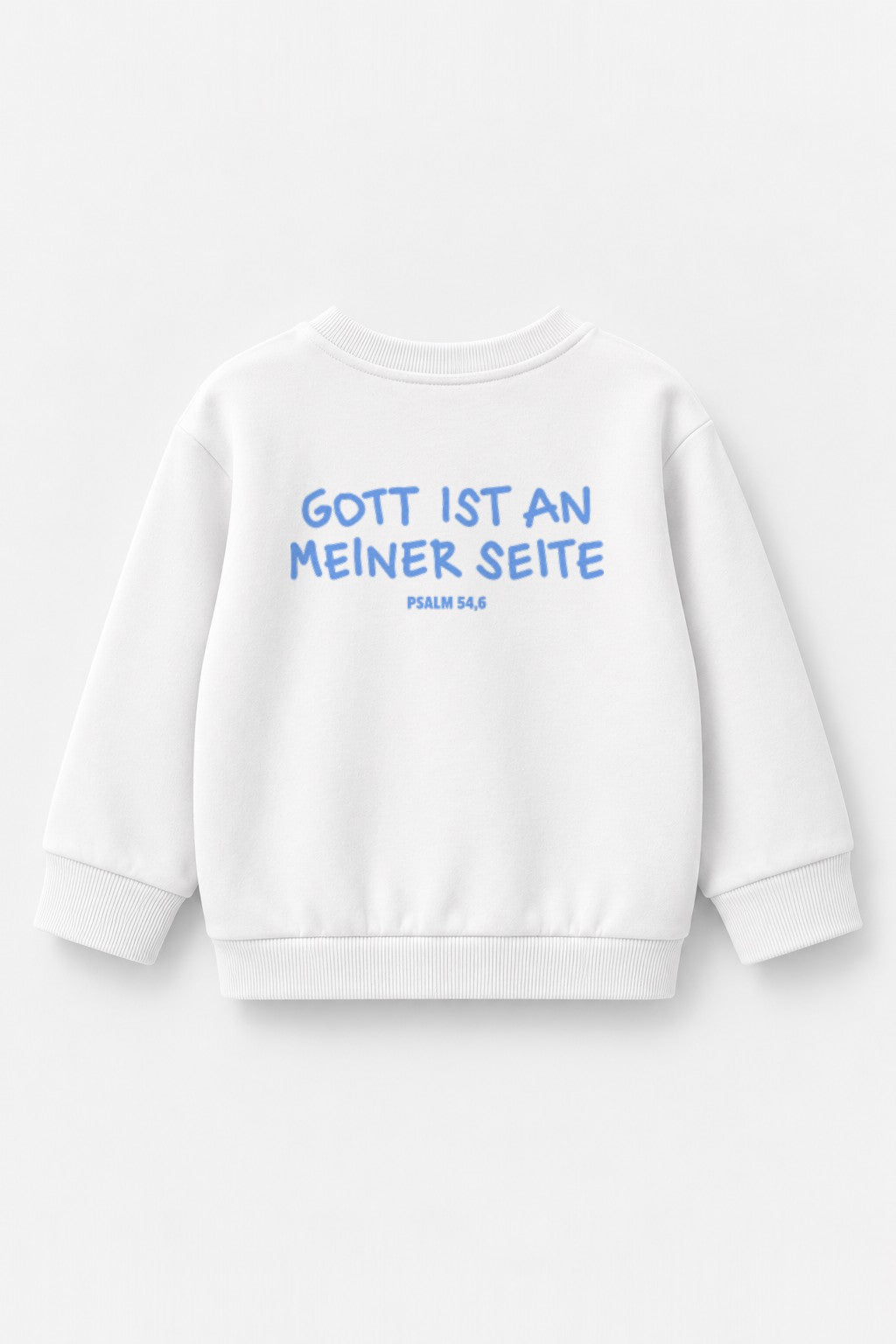 Kinder-Sweater Gott ist an meiner Seite mit blauem Druck in Weiß, Rückendruck