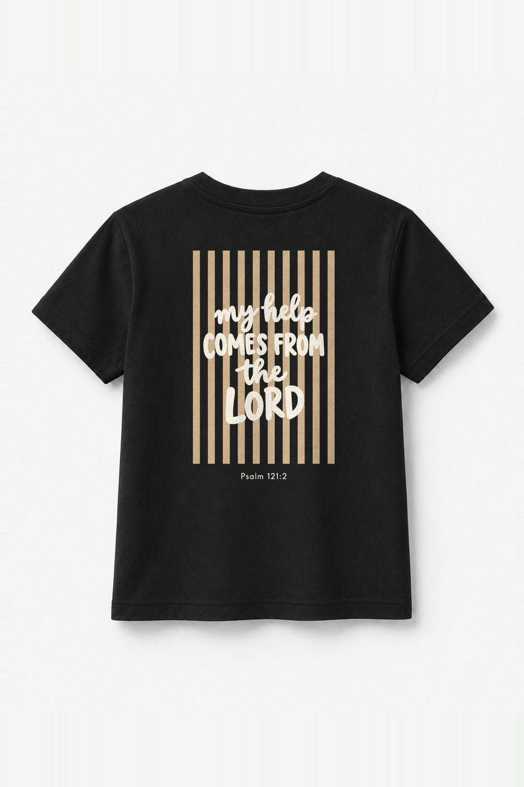 Kinder T-Shirt „My help comes from the Lord (Streifen)“ in Schwarz