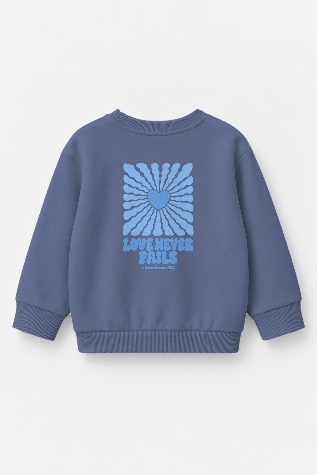 Kinder-Sweater Love never fails (Strahlen) mit blauem Druck in Blau, Rückendruck