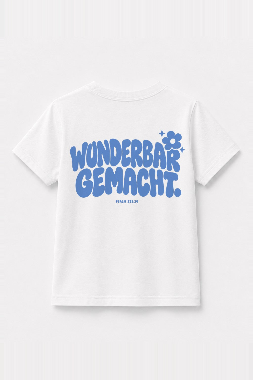 Kinder T-Shirt „Wunderbar gemacht.“ mit blauem Druck in Weiß
