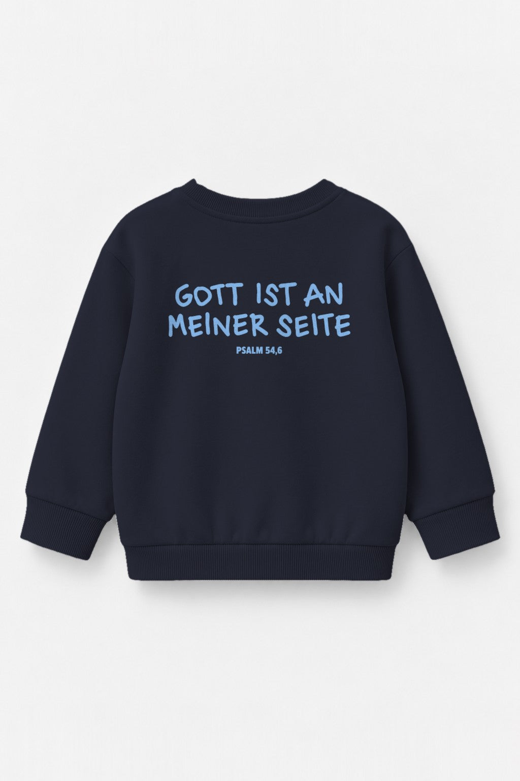 Kinder-Sweater Gott ist an meiner Seite mit blauem Druck in Navy, Rückendruck