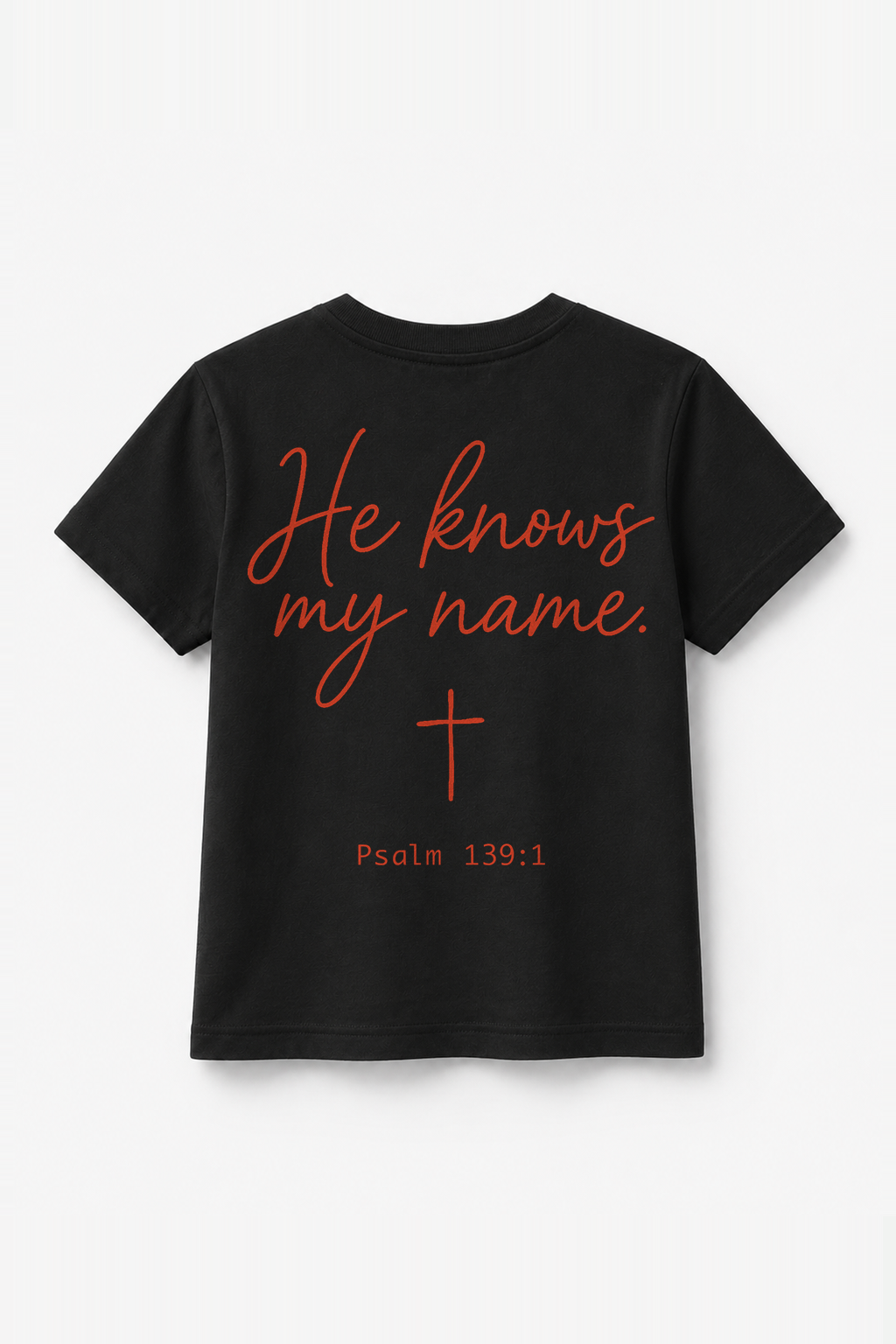 He knows my name Kinder-T-Shirt Schwarz, Rückenprint