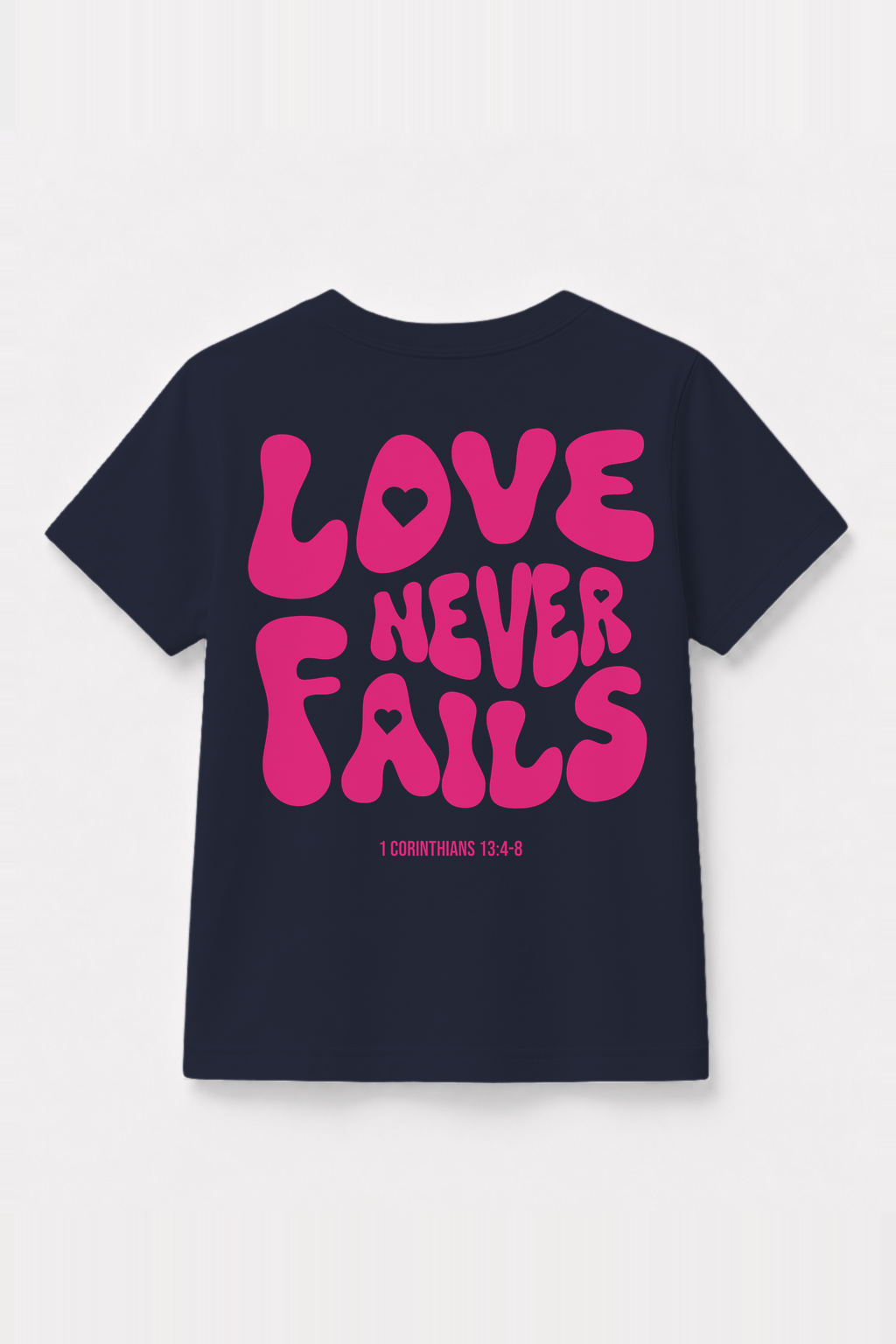 Love never fails Kinder-T-Shirt Navy, Rückenprint