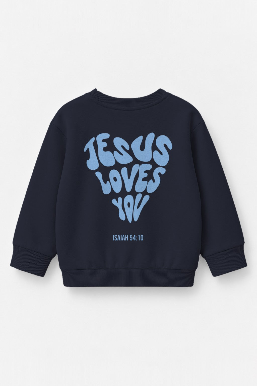 Kinder-Sweater Jesus loves you mit blauem Druck in Navy, Rückendruck