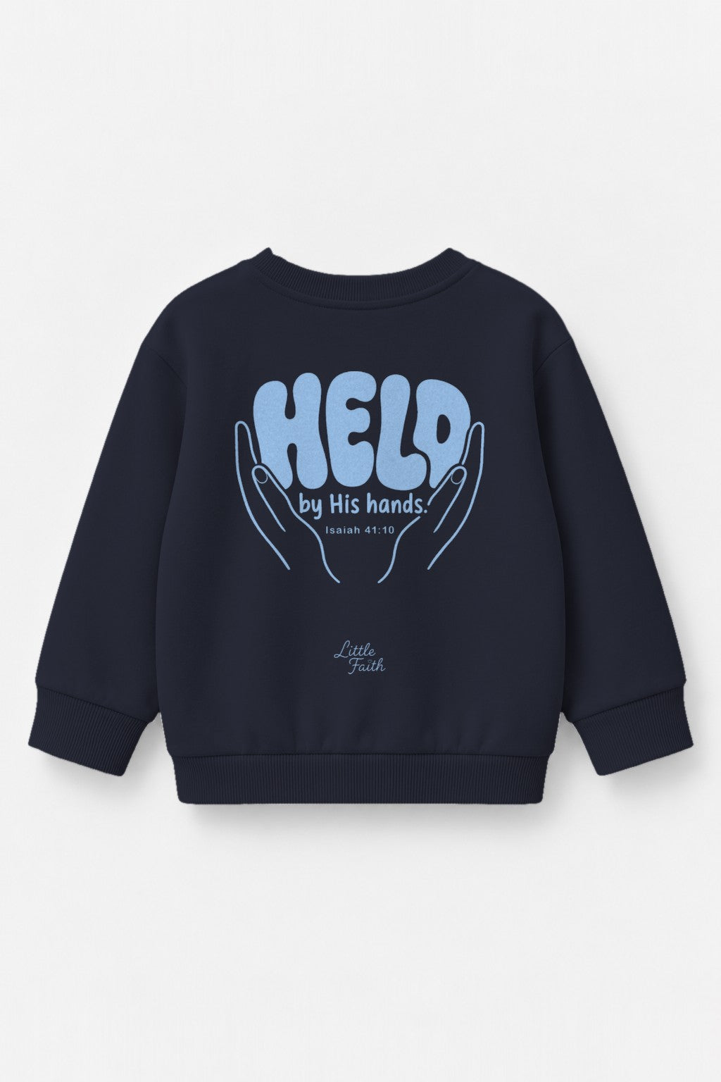 Kinder-Sweater Held by his Hands mit blauem Druck in Navy, Rückendruck