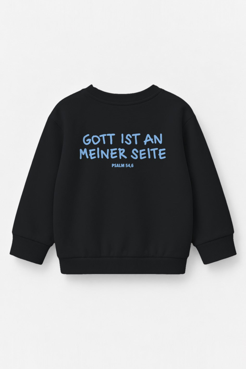 Kinder-Sweater Gott ist an meiner Seite mit blauem Druck in Schwarz, Rückendruck