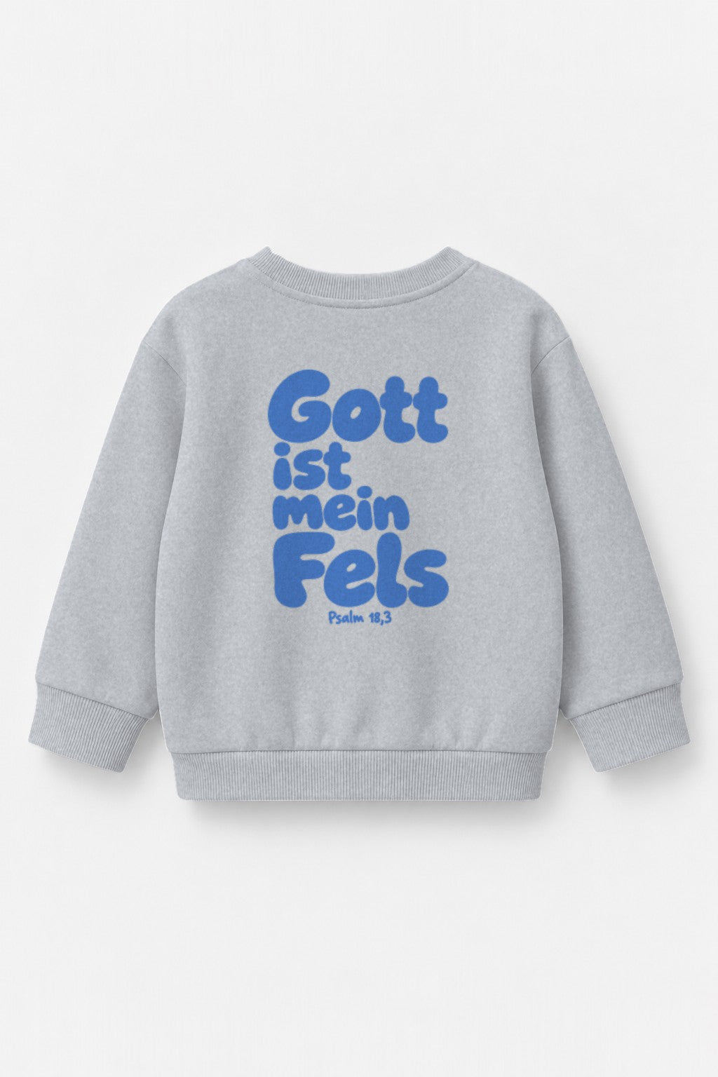 Kinder-Sweater Gott ist mein Fels mit blauem Druck in Grau meliert, Rückendruck
