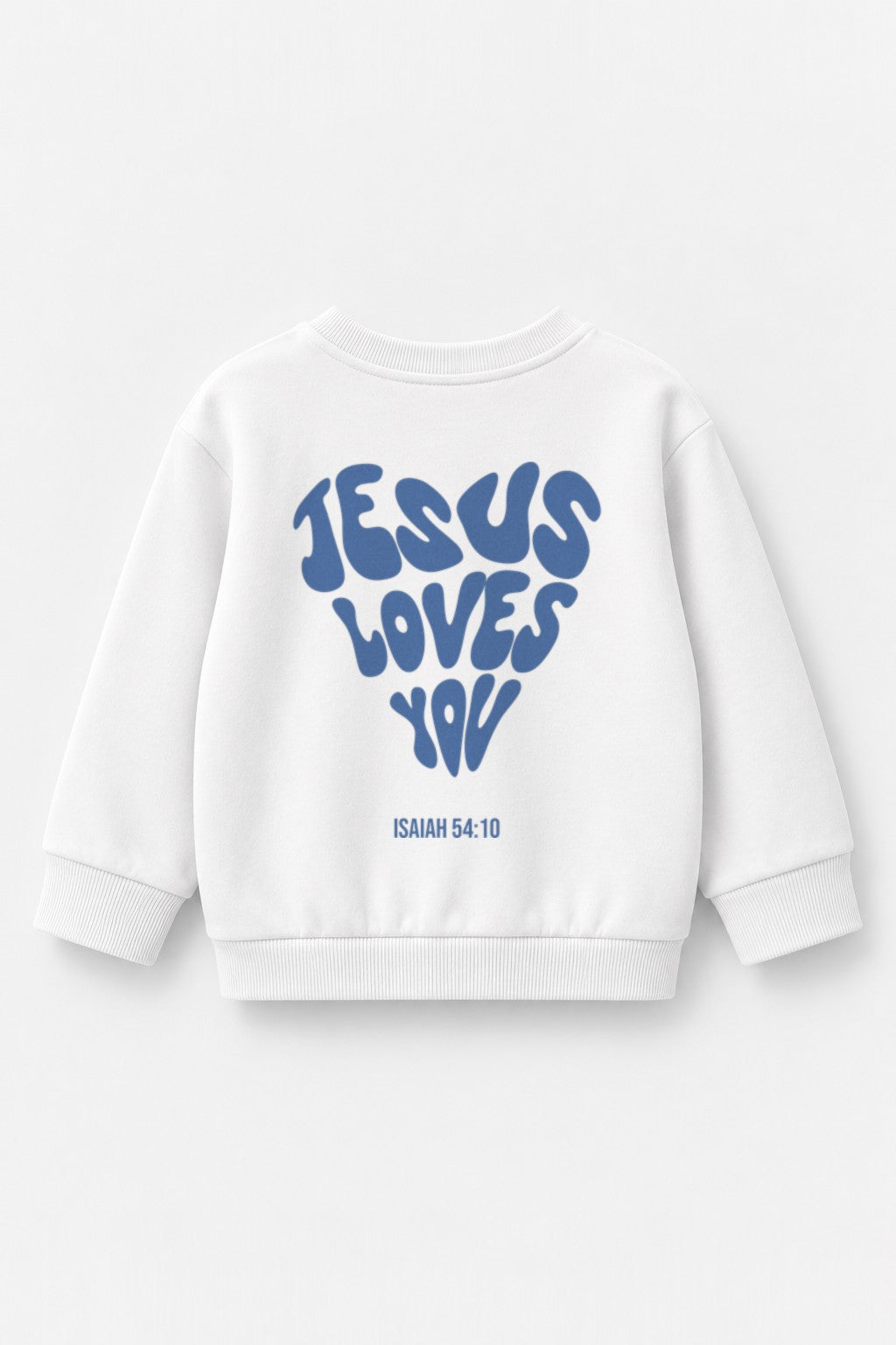 Kinder-Sweater Jesus loves you mit blauem Druck in Weiß, Rückendruck
