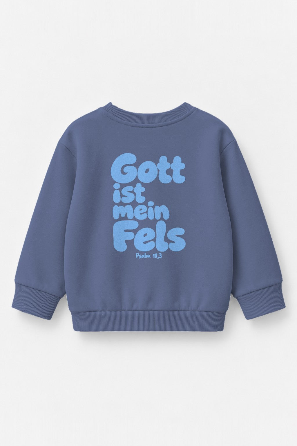 Kinder-Sweater Gott ist mein Fels mit blauem Druck in Blau, Rückendruck