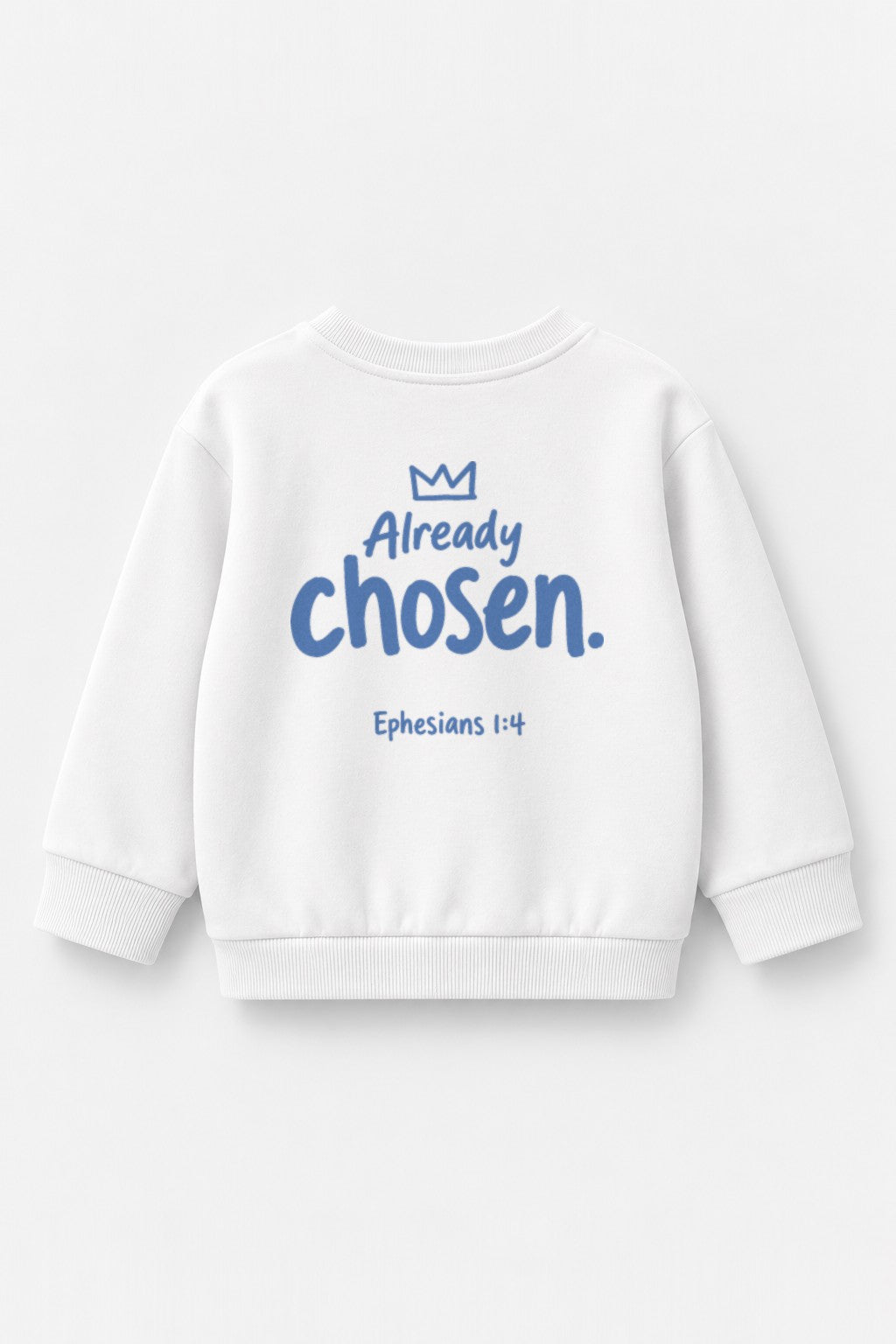 Kinder-Sweater Already chosen mit blauem Druck in Weiß, Rückendruck