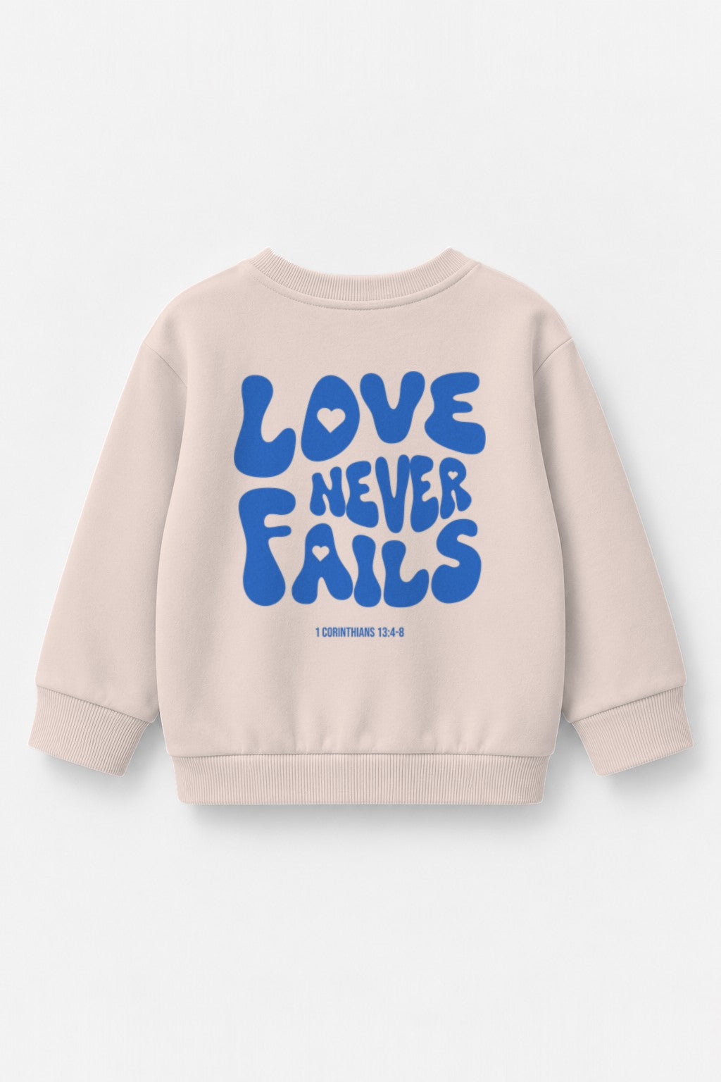 Kinder-Sweater Love never fails mit blauem Druck in Rosa, Rückendruck