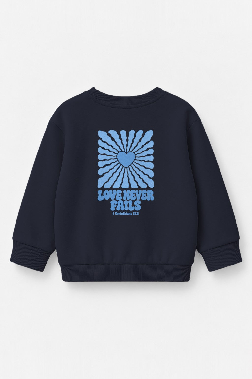 Kinder-Sweater Love never fails (Strahlen) mit blauem Druck in Navy, Rückendruck