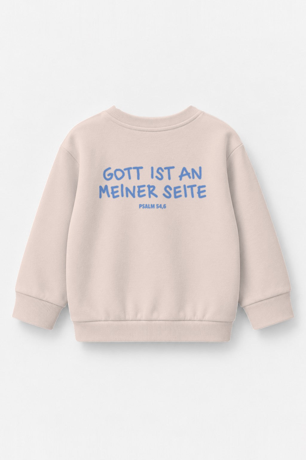 Kinder-Sweater Gott ist an meiner Seite mit blauem Druck in Rosa, Rückendruck