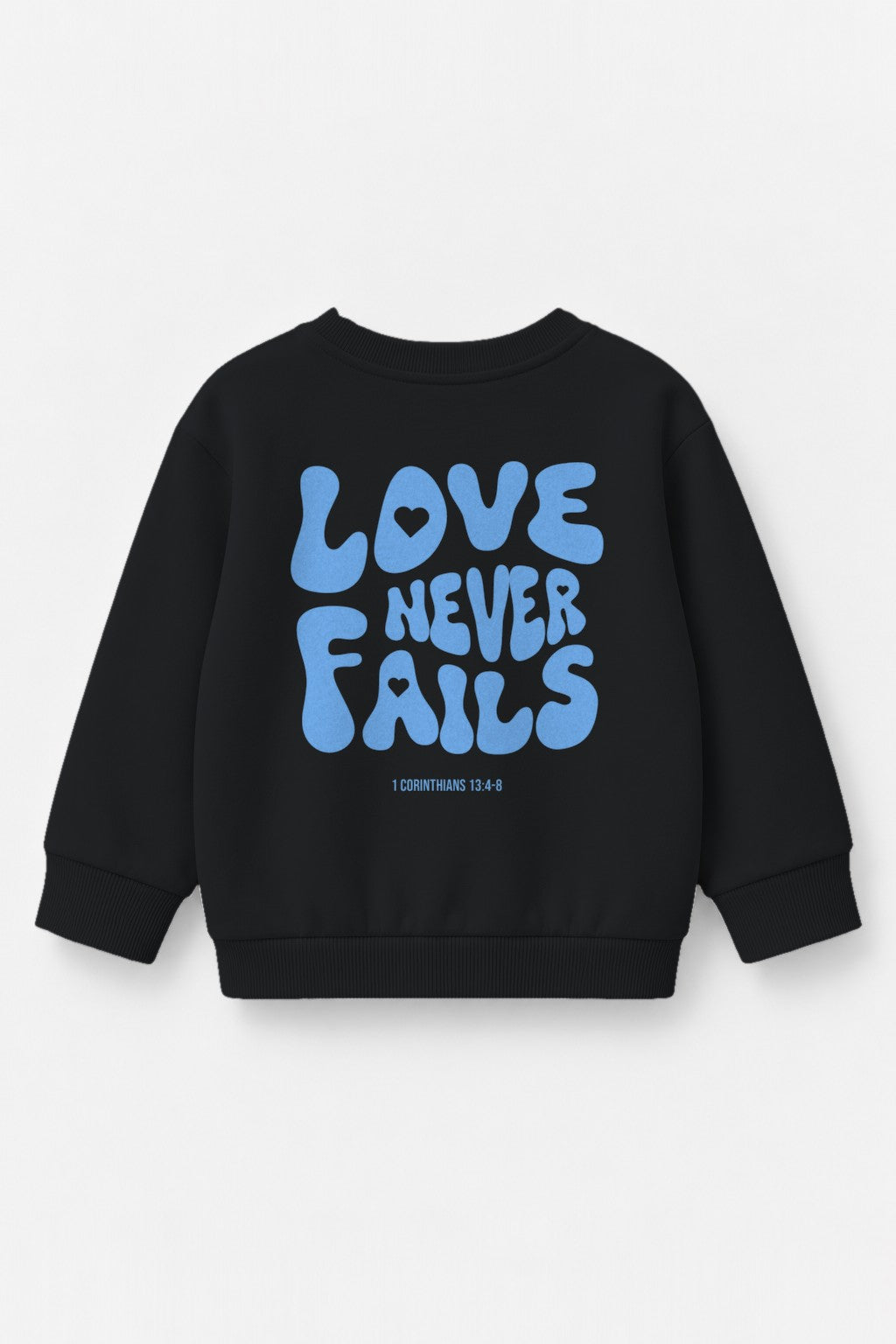 Kinder-Sweater Love never fails mit blauem Druck in Schwarz, Rückendruck