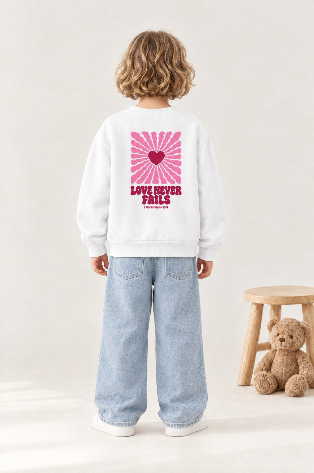 Kind von hinten im Kinder-Sweater „Love never fails (Strahlen)“ in Weiß