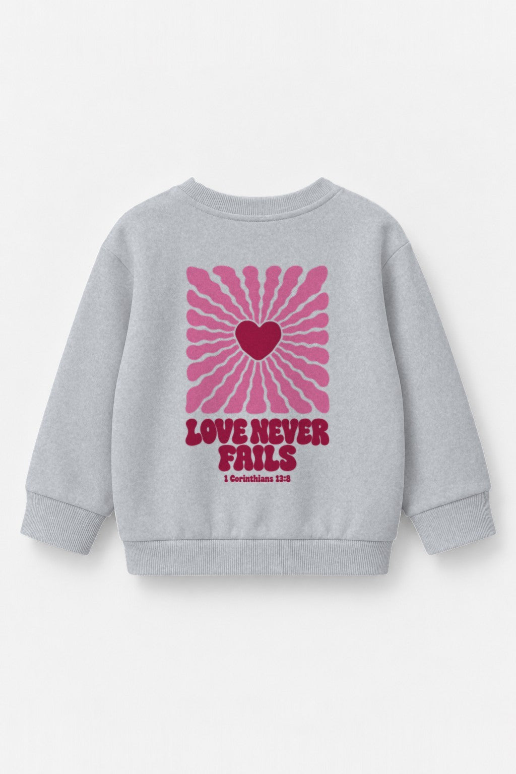 Kinder-Sweater „Love never fails (Strahlen)“ in Grau meliert