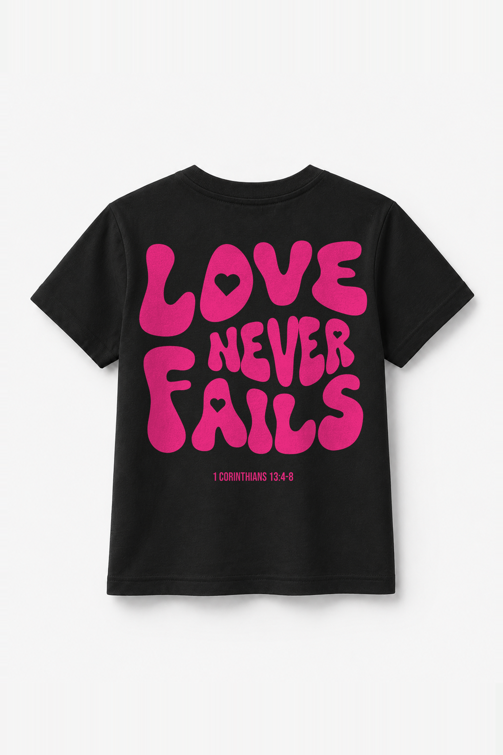 Love never fails Kinder-T-Shirt Schwarz, Rückenprint
