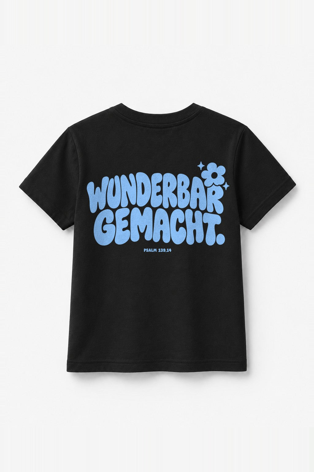 Kinder T-Shirt „Wunderbar gemacht.“ mit blauem Druck in Schwarz