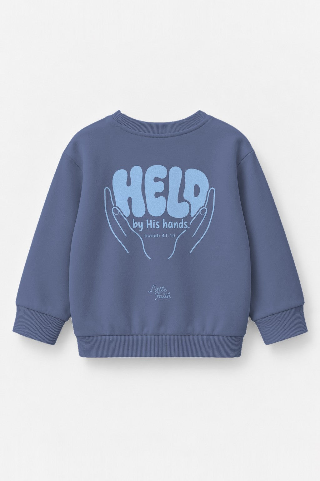 Kinder-Sweater Held by his Hands mit blauem Druck in Blau, Rückendruck