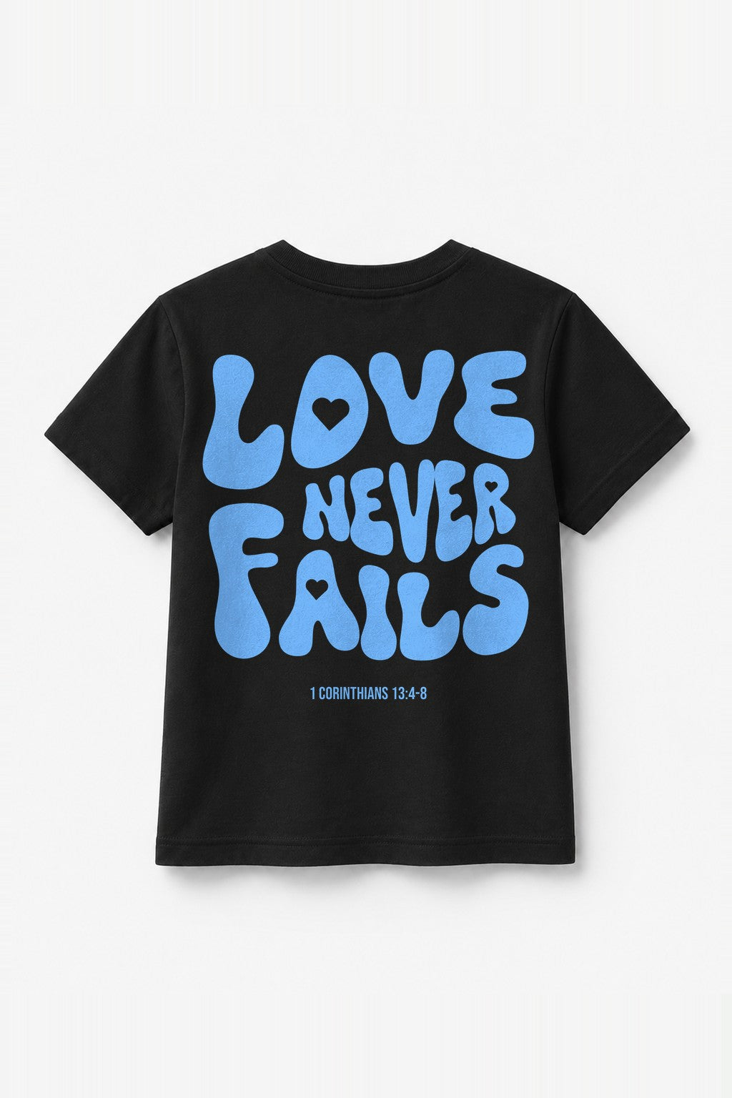Kinder T-Shirt „Love never fails“ mit blauem Druck in Schwarz