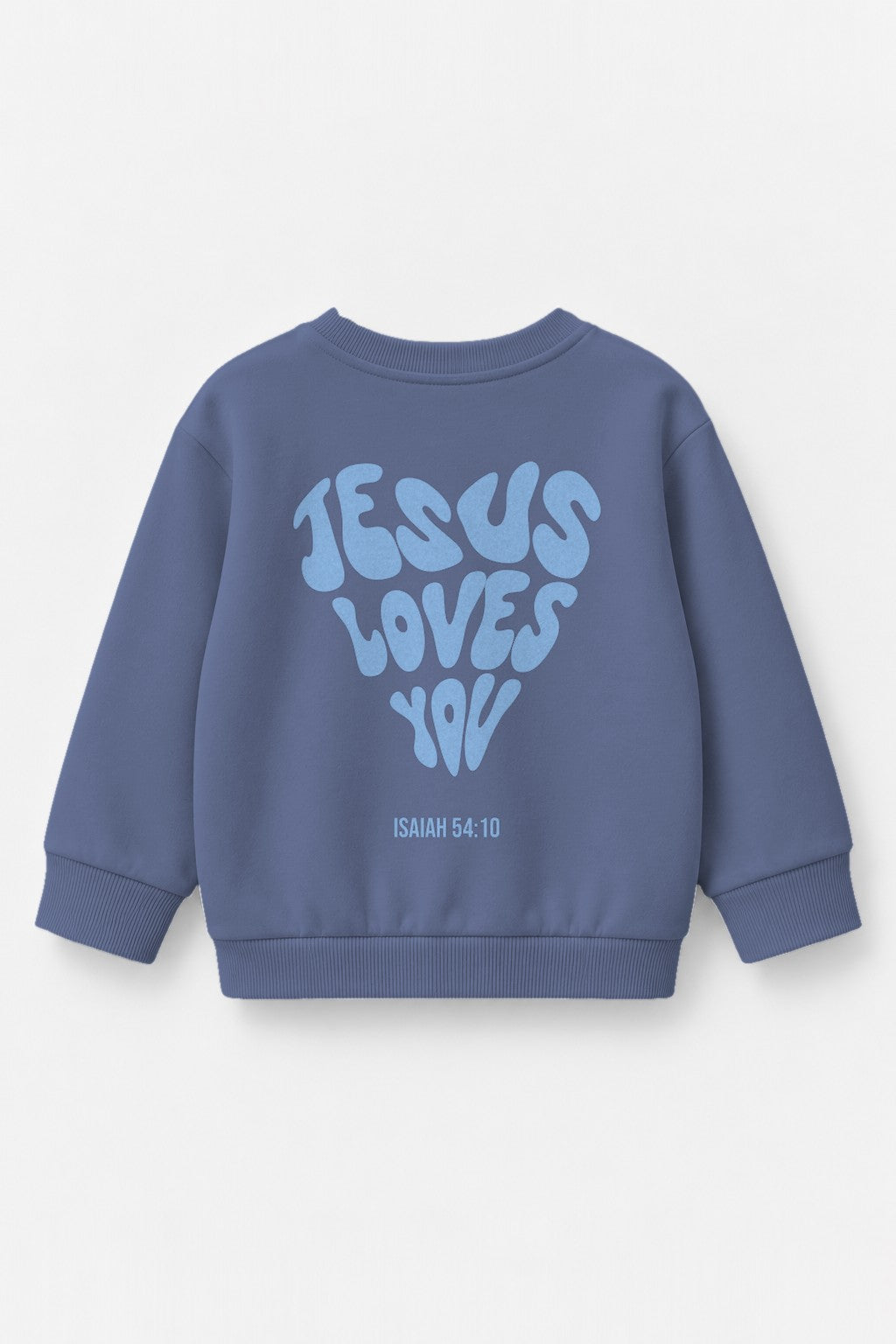 Kinder-Sweater Jesus loves you mit blauem Druck in Blau, Rückendruck