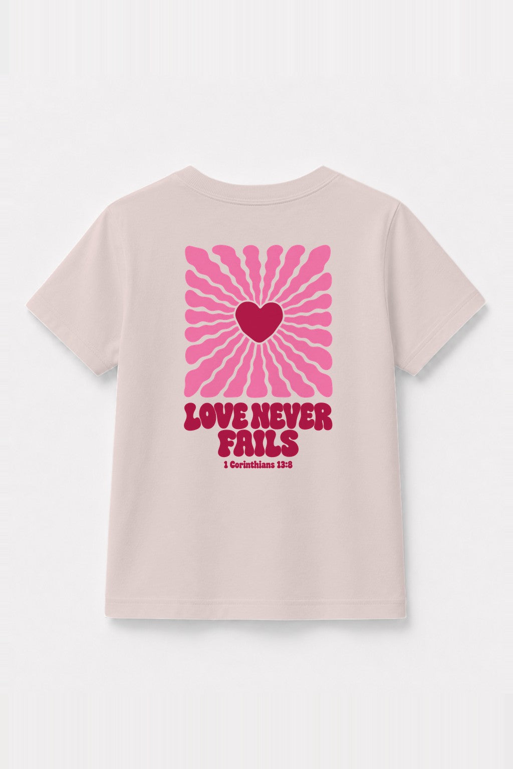 Kinder T-Shirt „Love never fails (Strahlen)“ in Rosa