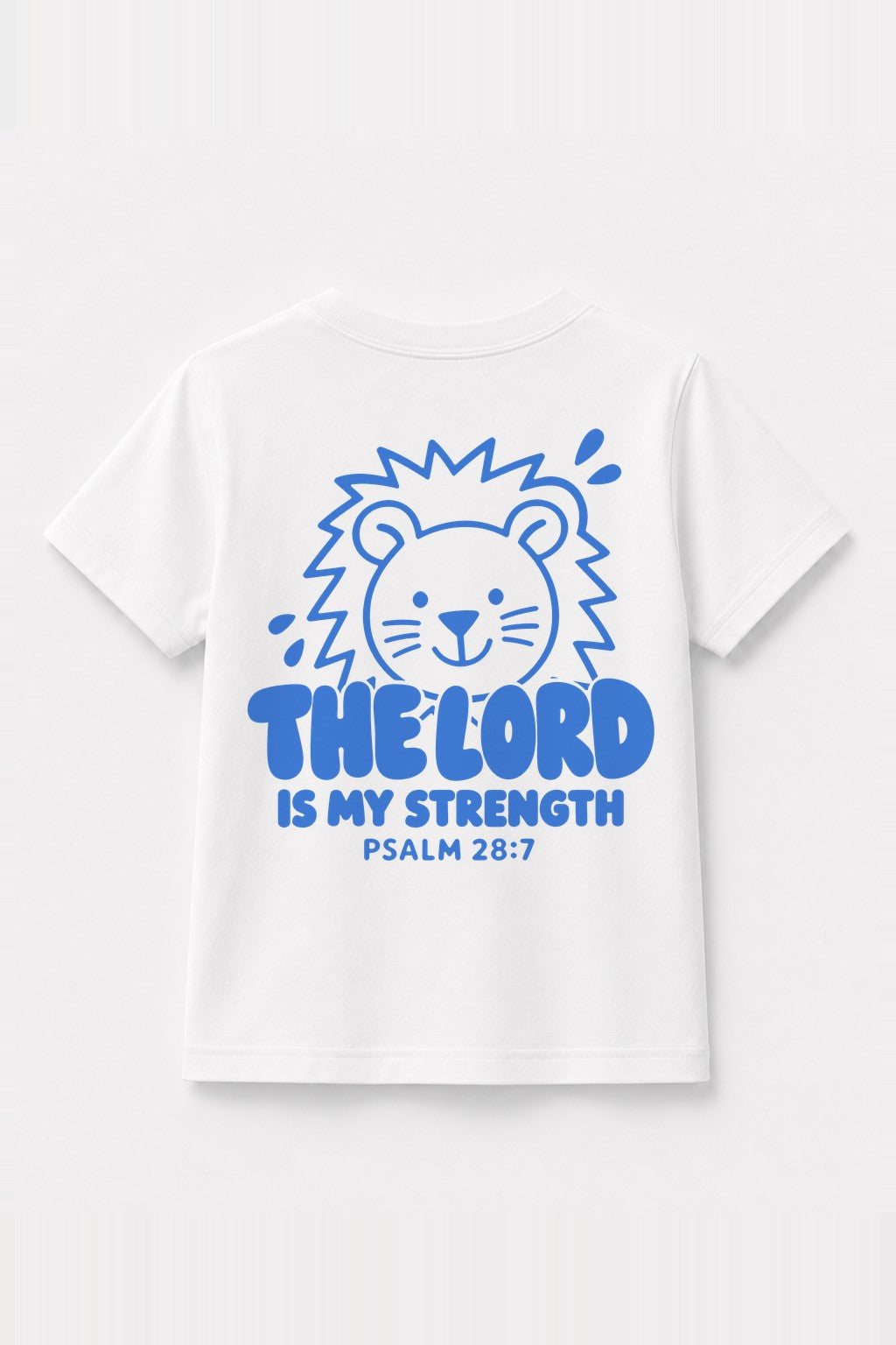 Kinder T-Shirt „The Lord is my strength“ mit blauem Druck in Weiß