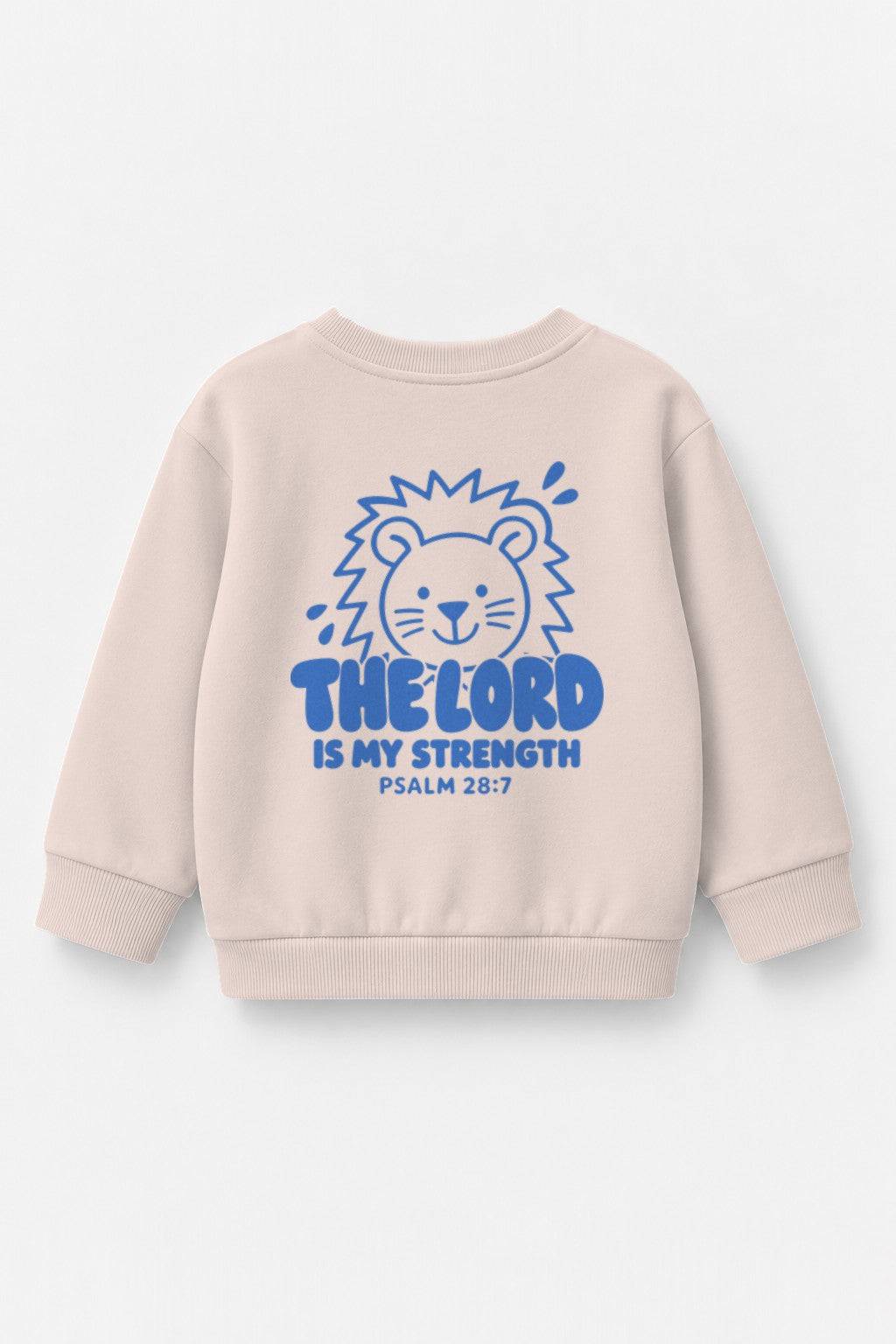 Kinder-Sweater The Lord is my strength mit blauem Druck in Rosa, Rückendruck