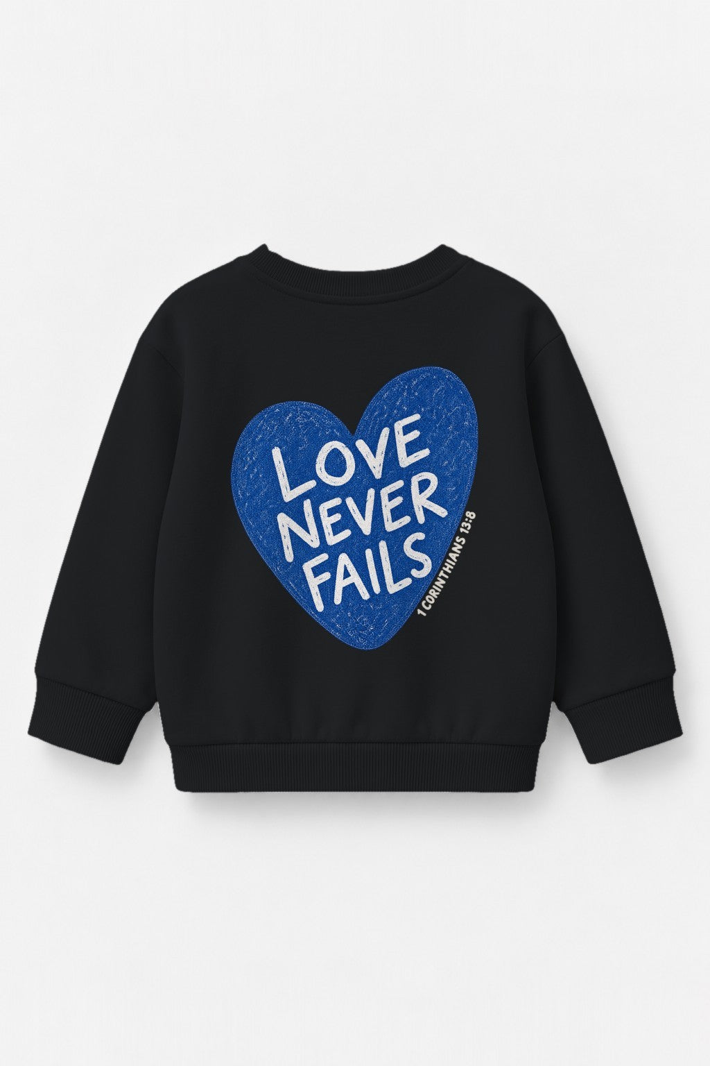 Kinder-Sweater „Love never fails (Herz)“ in Schwarz