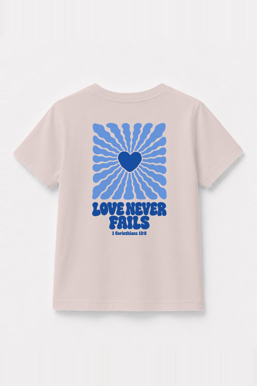 Kinder T-Shirt „Love never fails (Strahlen)“ mit blauem Druck in Rosa