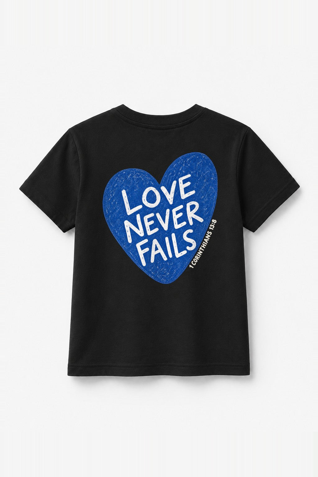 Kinder T-Shirt „Love never fails (Herz)“ in Schwarz