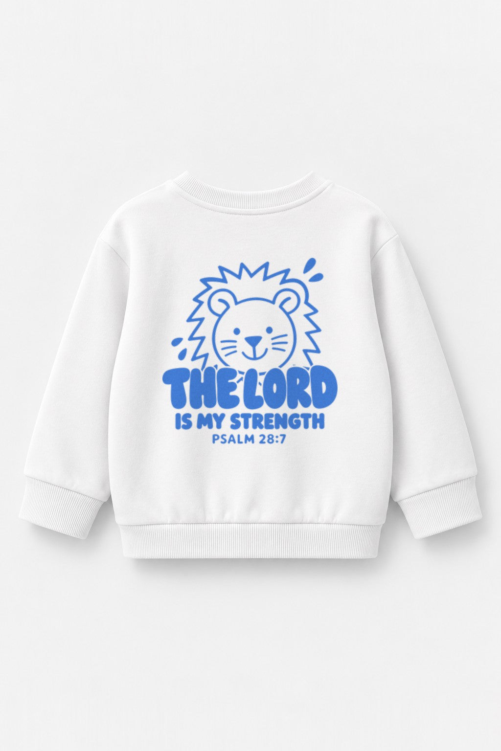 Kinder-Sweater The Lord is my strength mit blauem Druck in Weiß, Rückendruck
