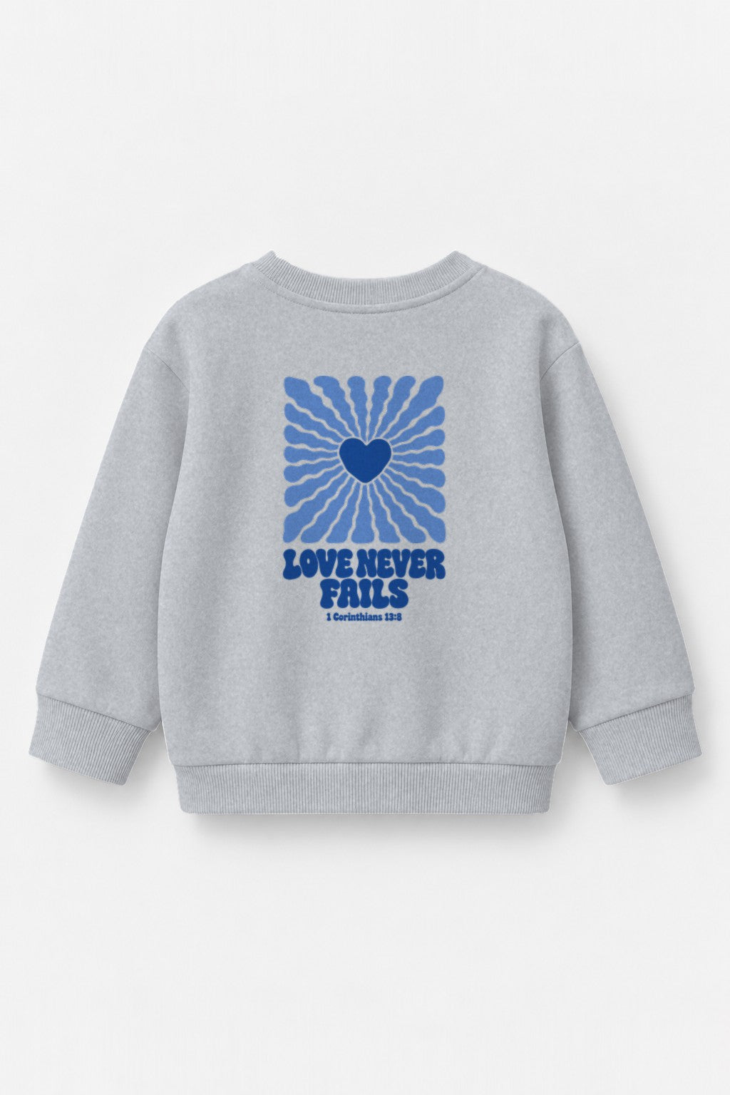 Kinder-Sweater Love never fails (Strahlen) mit blauem Druck in Grau meliert, Rückendruck