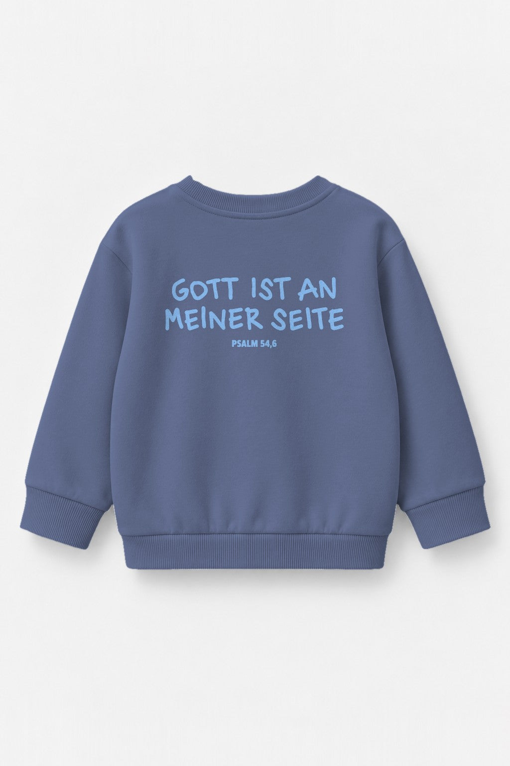 Kinder-Sweater Gott ist an meiner Seite mit blauem Druck in Blau, Rückendruck