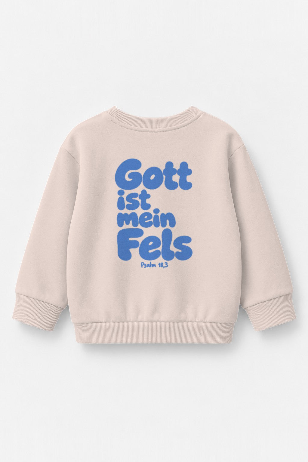 Kinder-Sweater Gott ist mein Fels mit blauem Druck in Rosa, Rückendruck
