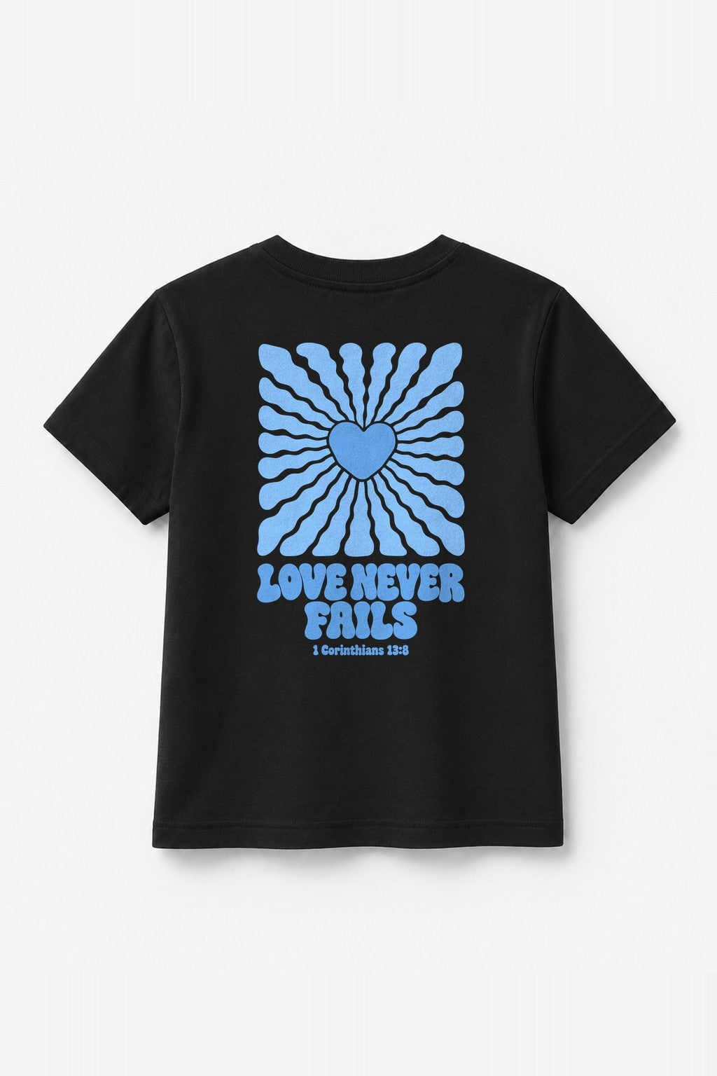Kinder T-Shirt „Love never fails (Strahlen)“ mit blauem Druck in Schwarz