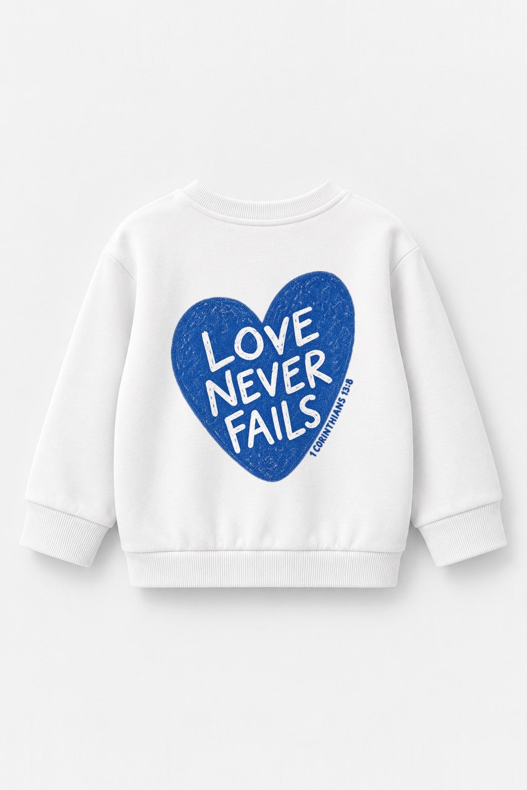 Kinder-Sweater „Love never fails (Herz)“ in Weiß