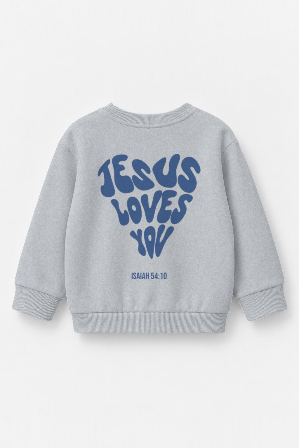 Kinder-Sweater Jesus loves you mit blauem Druck in Grau meliert, Rückendruck