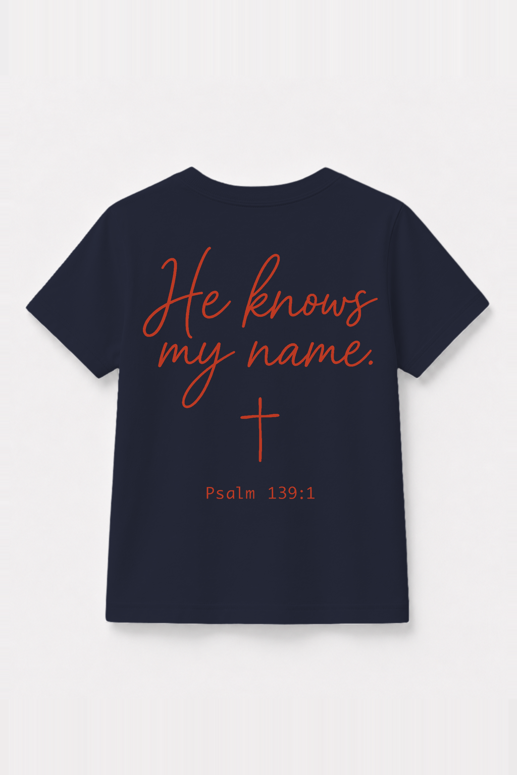 He knows my name Kinder-T-Shirt Navy, Rückenprint