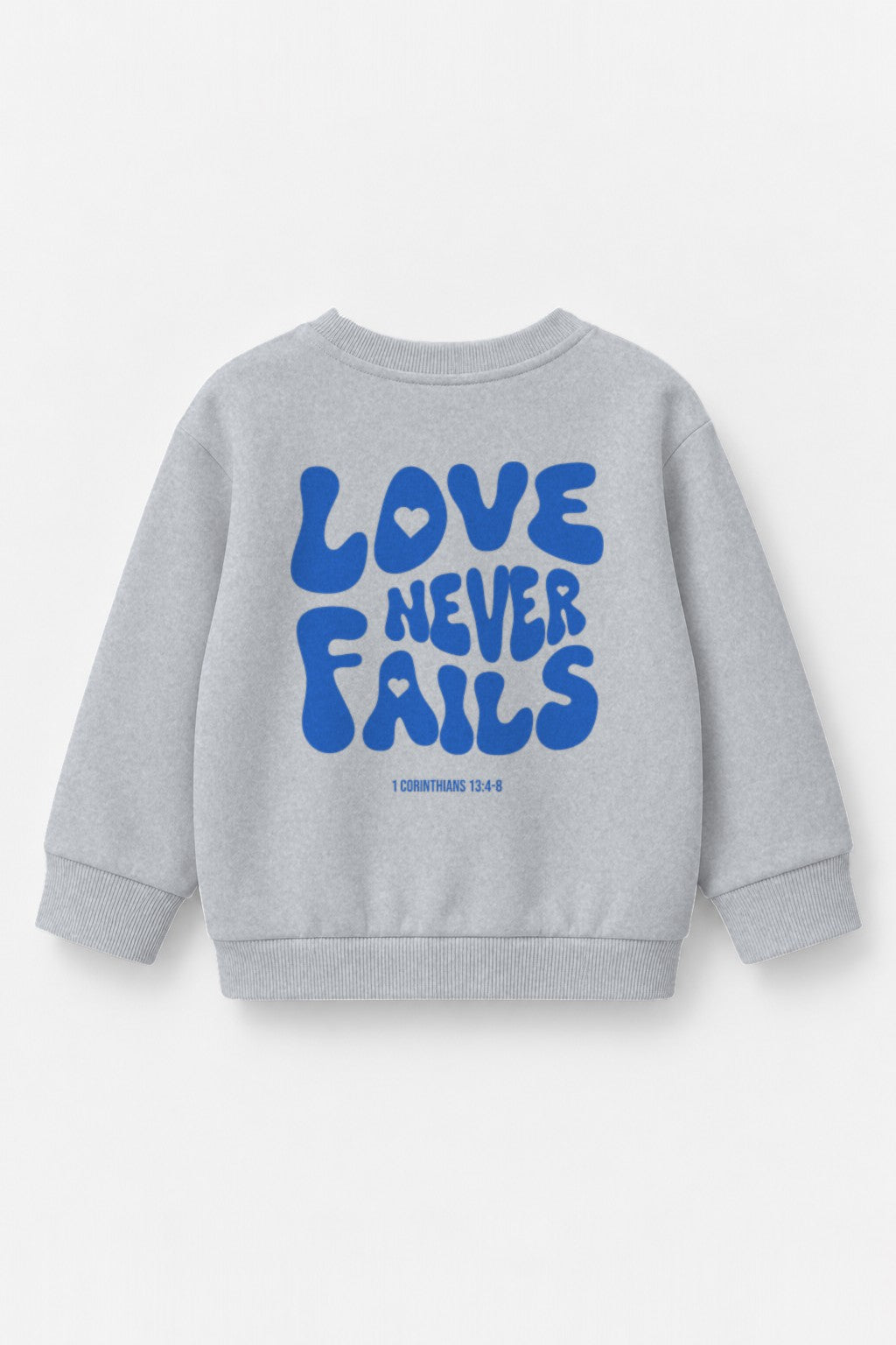 Kinder-Sweater Love never fails mit blauem Druck in Grau meliert, Rückendruck