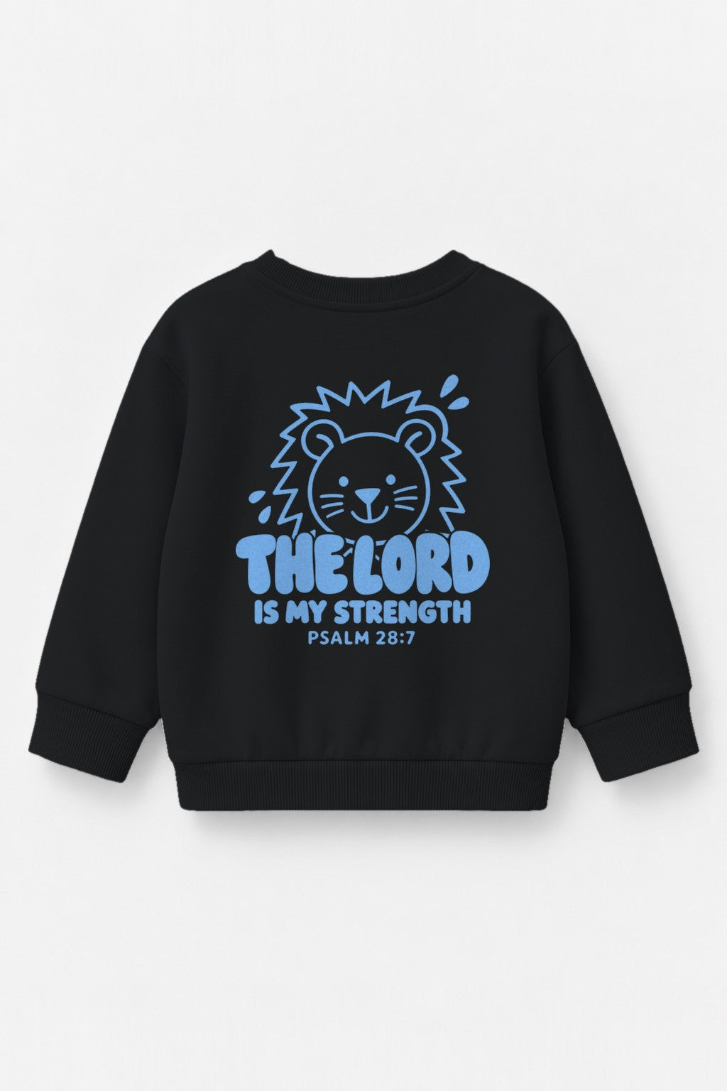 Kinder-Sweater The Lord is my strength mit blauem Druck in Schwarz, Rückendruck