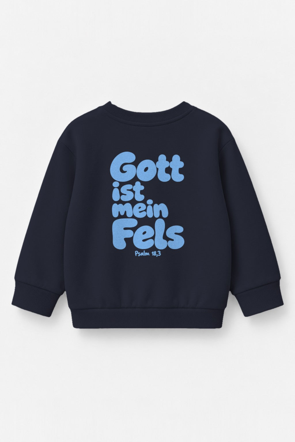 Kinder-Sweater Gott ist mein Fels mit blauem Druck in Navy, Rückendruck