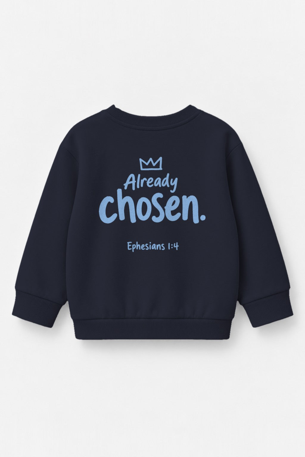 Kinder-Sweater Already chosen mit blauem Druck in Navy, Rückendruck