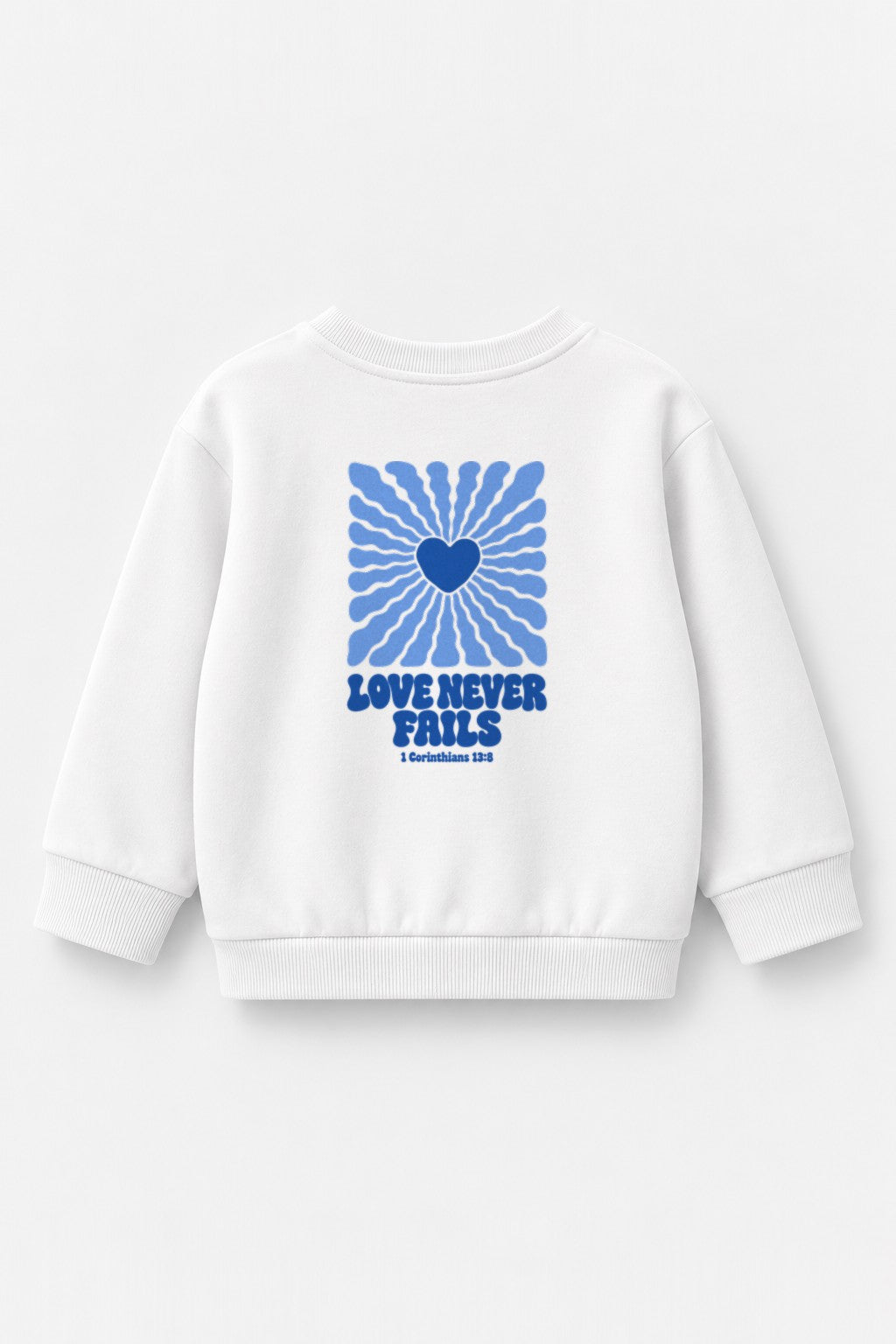 Kinder-Sweater Love never fails (Strahlen) mit blauem Druck in Weiß, Rückendruck