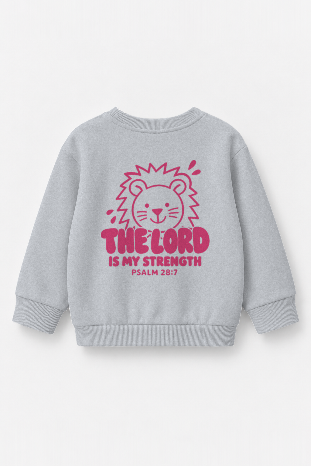 Kinder-Sweater The Lord is my strength in Grau meliert, Rückendruck