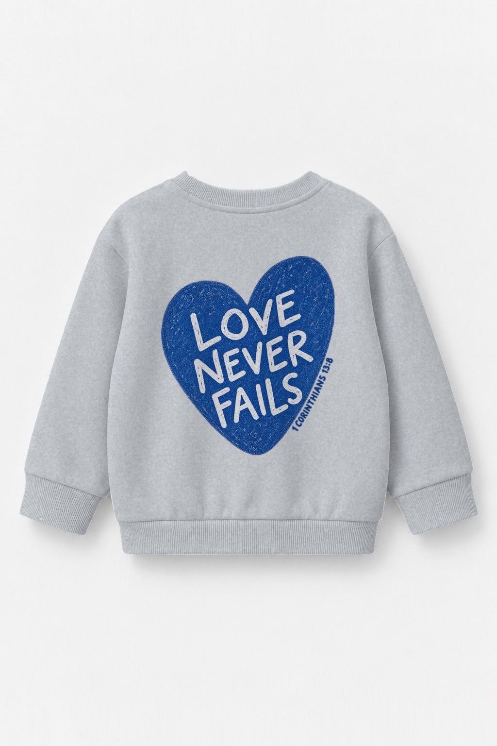 Kinder-Sweater „Love never fails (Herz)“ in Grau meliert