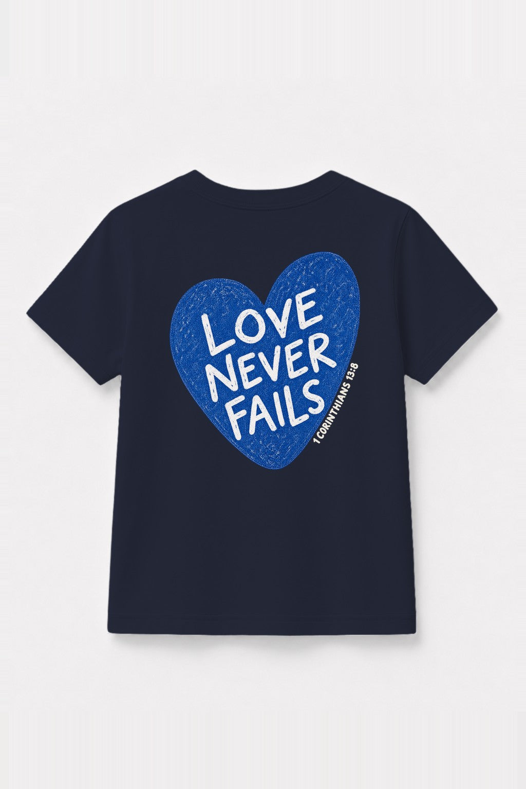 Kinder T-Shirt „Love never fails (Herz)“ in Navy