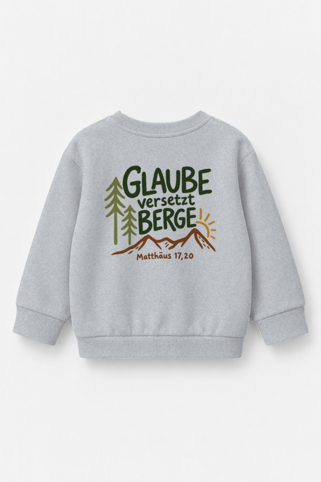 Kinder-Sweater „Glaube versetzt Berge“ in Grau meliert